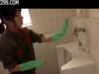 Mosaic: sexy cleaner gives geek blowjob in lavatory 01